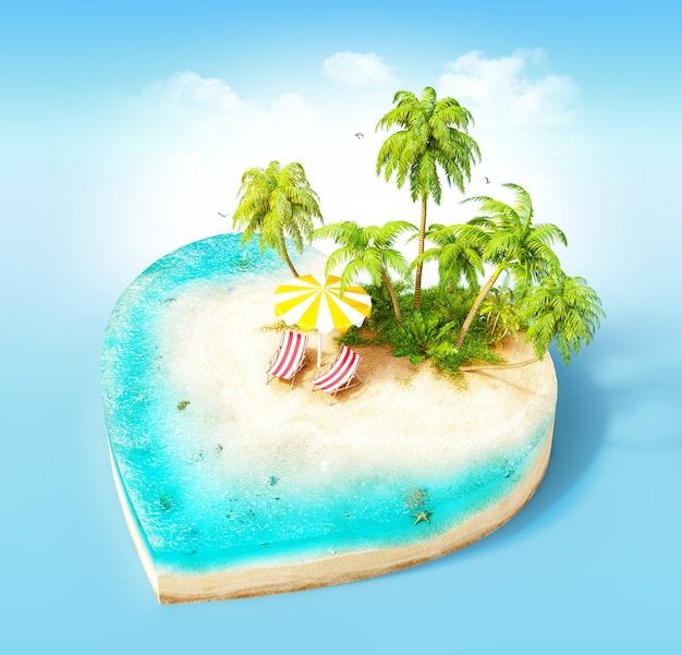 Foto pedaço de ilha tropical com água, cadeiras, guarda-sol e palmeiras em uma praia em seção transversal em forma de coração