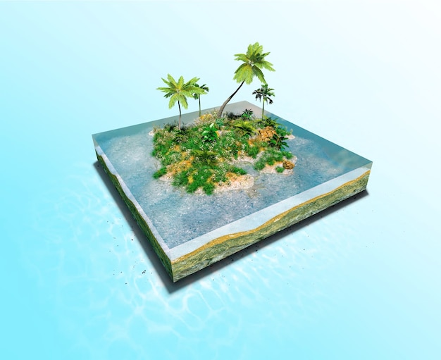 Pedaço de ilha tropical com terra verde e palmeiras em uma praia em seção transversal Micro world 3D Rendering