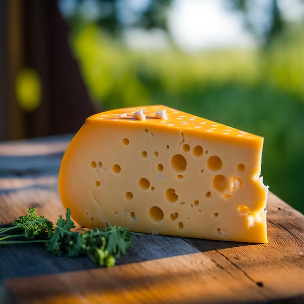 pedaço de queijo na renderização 3d de fundo de madeira e natureza