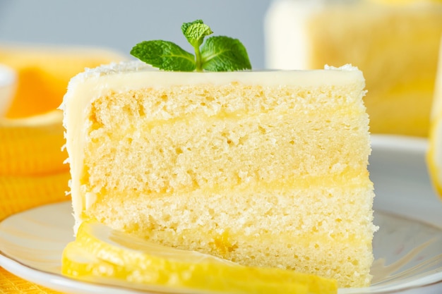 Pedaço de sobremesa de biscoito com flocos de limão e coco Bolo de baunilha em camadas em um prato branco