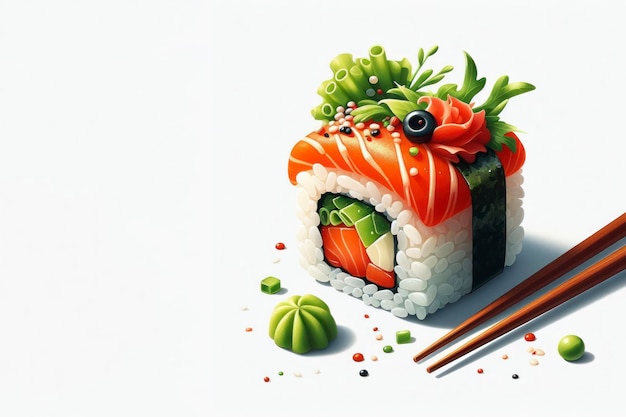 Pedaço de sushi com pauzinhos isolados em fundo branco sólido ai generativo