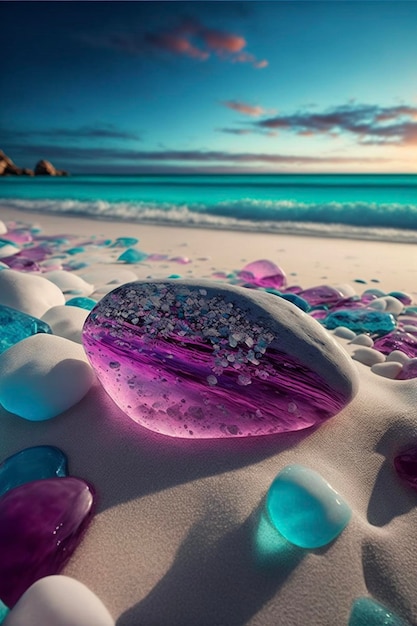 Pedaço de vidro sentado em cima de uma praia de areia generativa ai