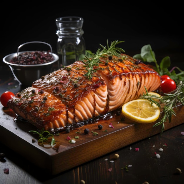 Foto pedaço frito de salmão decorado com verduras gerado por ia