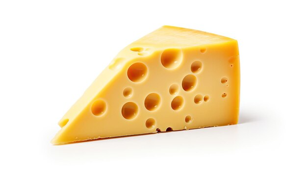 Pedaço isolado de queijo suíço, produto lácteo branco e amarelo com detalhes do furo Epicure