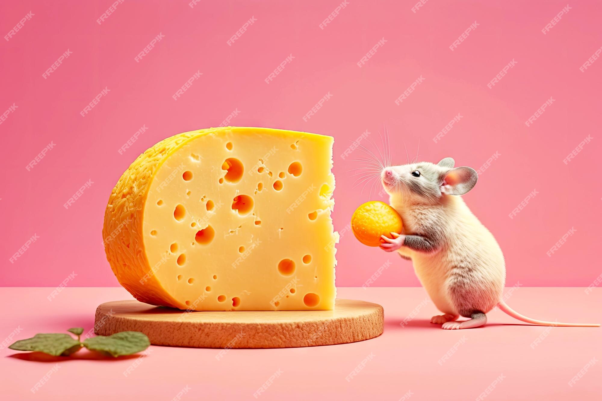 Um pequeno rato explorando um pedaço gigante de queijo suíço