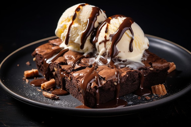 Foto pedaços assados de torta de chocolate em uma mesa preta em cima de uma colher de sorvete