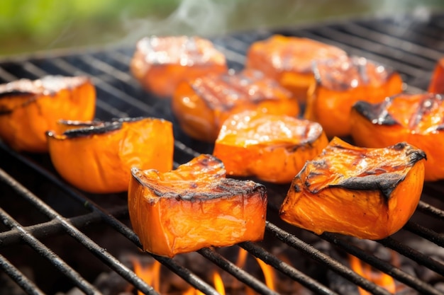 Pedaços brilhantes de abóbora carbonizada num churrasco