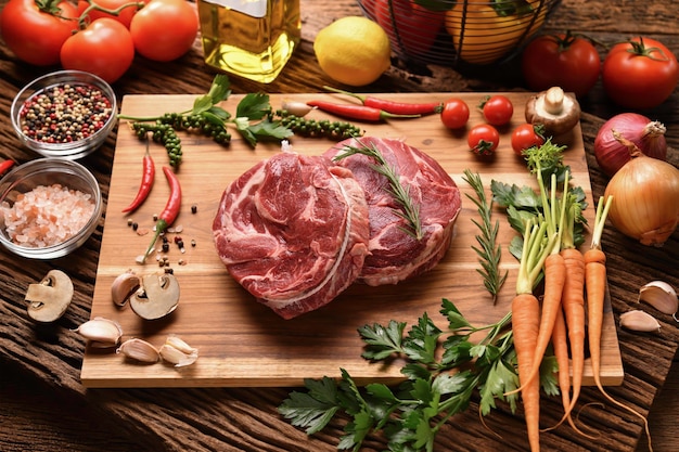 Pedaços crus frescos de carne bovina em uma tábua e mais ingredientes ao redor