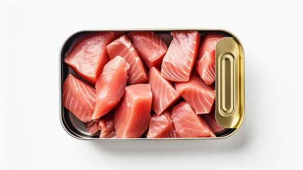 Pedaços de atum fresco cozido em óleo em lata isolado em fundo branco