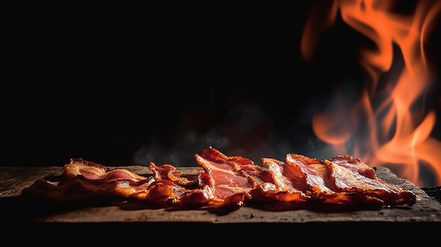 Pedaços de bacon vermelho estão na mesa contra o fundo do fogo.