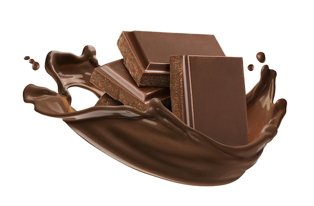 Pedaços de barra de chocolate com salpicos de chocolate isolados em fundo branco com caminho de recorte