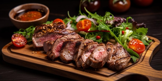 Pedaços de bife de cordeiro com molhos salada fresca de pimenta grelhada na placa de madeira