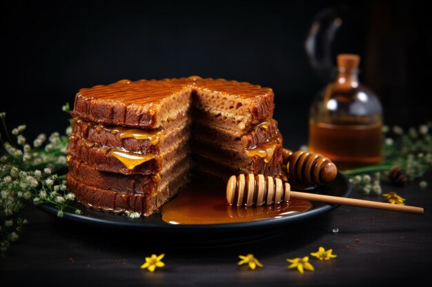 Pedaços de bolo de mel em fundo de textura escura