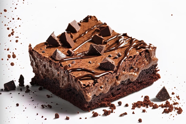 Pedaços de brownie frescos em uma torta de chocolate saborosa de fundo branco