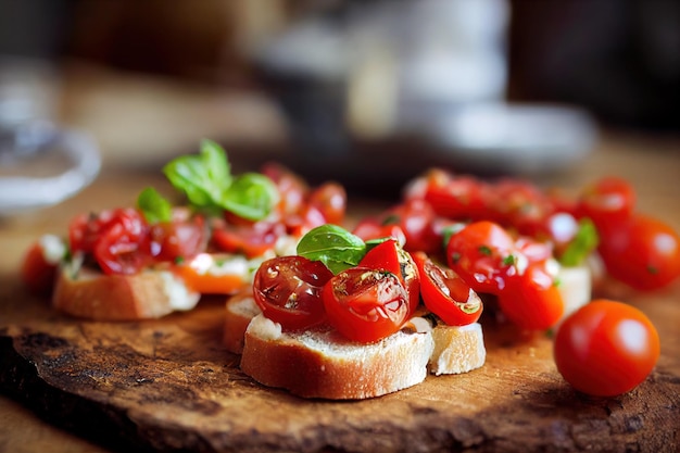 Pedaços de bruschetta com pão branco tomate e manjericão na mesa de madeira