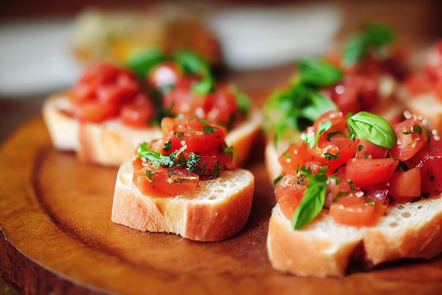 Pedaços de bruschetta com pão branco tomate e manjericão na mesa de madeira