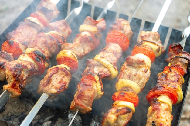 Pedaços de carne de porco frito grelhado de carne em espetos