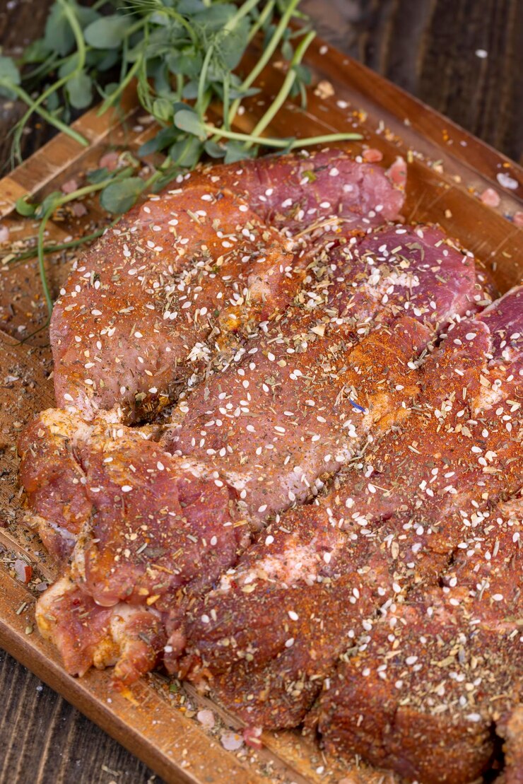 Foto pedaços de carne de porco marinados com especiarias e sal pescoço de porco preparado para assar com mistura de especiarias com sal marinho