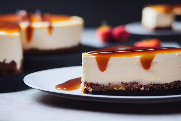 Pedaços de cheesecake de creme regados com calda de caramelo viscoso dourado com frutas vermelhas