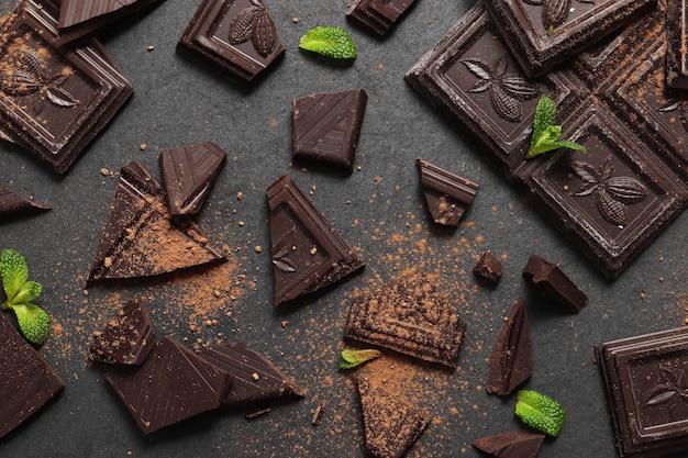 Pedaços de chocolate amargo partidos; menta e cacau em pó em fundo escuro