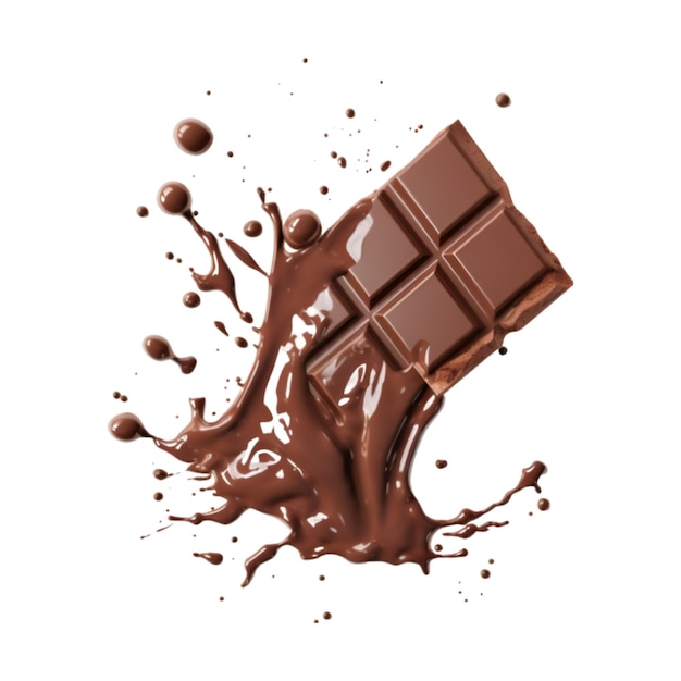 pedaços de chocolate caindo em calda de chocolate isolados em um fundo branco