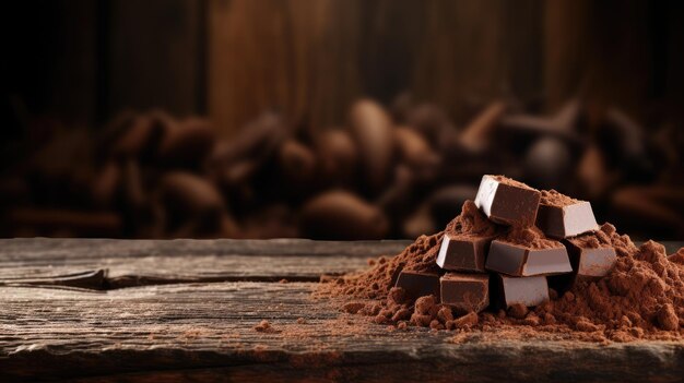 Pedaços de chocolate com cacau em pó em fundo de madeira rústica