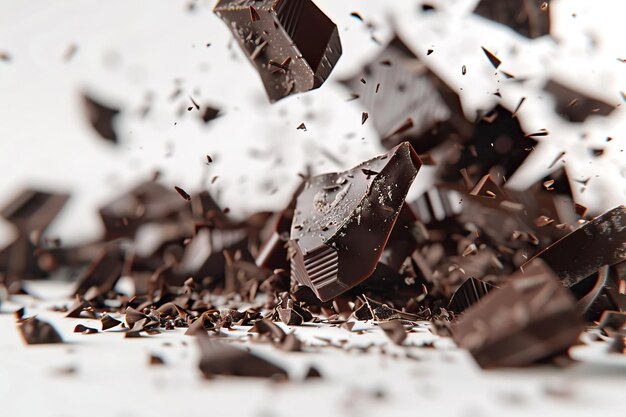 Foto pedaços de chocolate escuro caindo de perto em um fundo branco