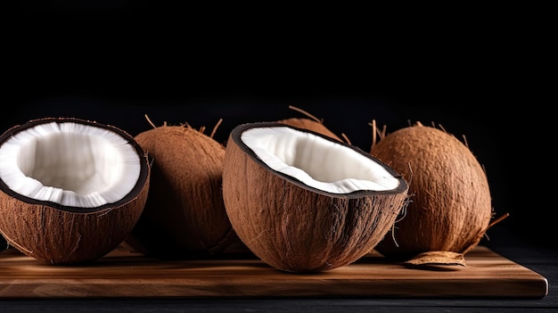 Pedaços de coco em uma mesa de madeira