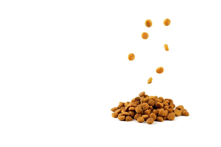 Pedaços de comida seca para cães e gatos caem sobre a mesa com comida em um fundo branco.