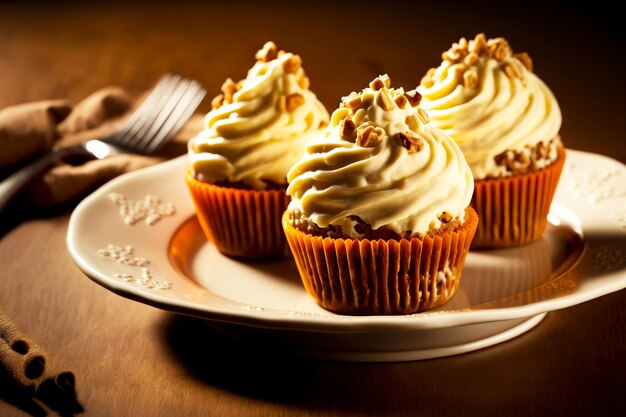 Pedaços de cupcakes Bolo de cenoura com nozes e requeijão doce no prato