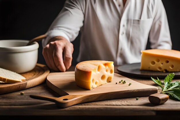 Foto pedaços de delicioso queijo e faca em mesa de madeira espaço para texto