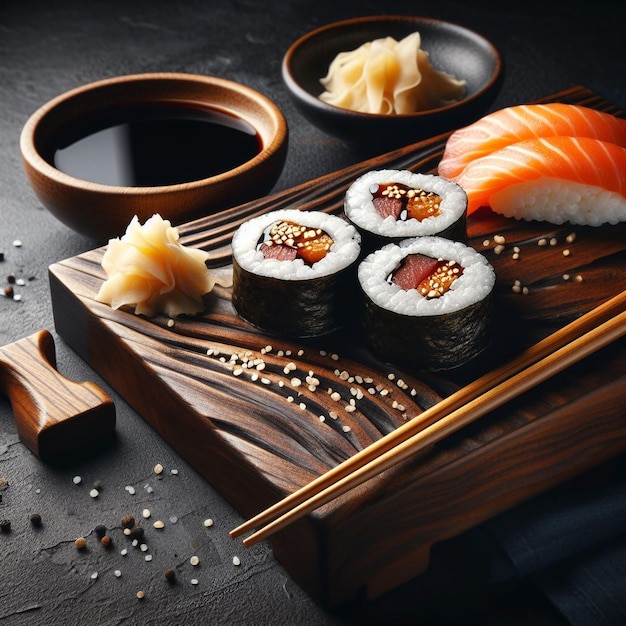 Pedaços de delicioso sushi em uma base de madeira e ao lado dele é uma tigela de madeira de molho e pauzinhos