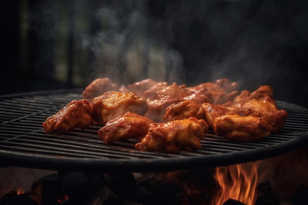 Pedaços de frango asas de frango em uma grelha, fogo e fumaça Cozinhar asas de búfalo IA generativa