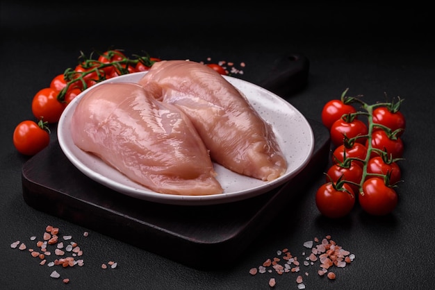 Pedaços de frango cru ou filé de peru com especiarias salgadas e ervas