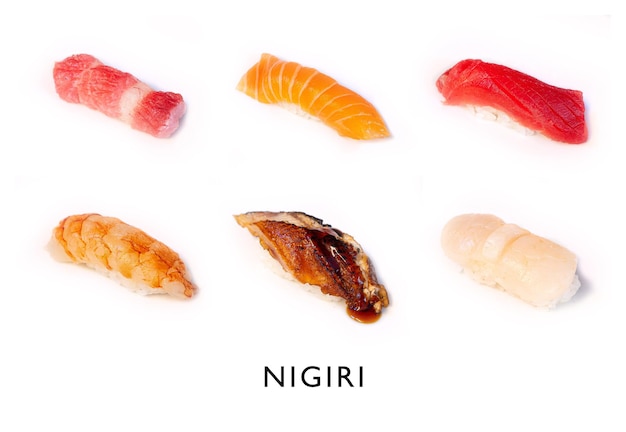 Pedaços de nigiri diferentes maneiras de cozinhá-lo com diferentes alimentos cozinha tradicional japonesa