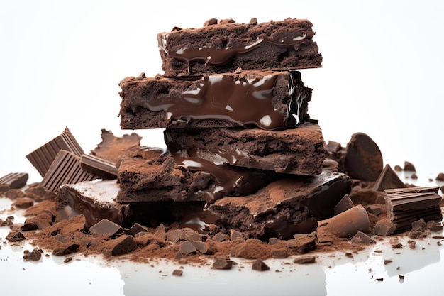 Pedaços de pilha de biscoito de chocolate preto e migalhas no fundo branco