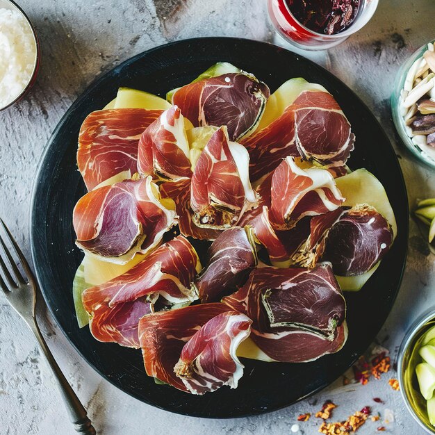 Pedaços de presunto de carne de porco seco em uma tábua preta