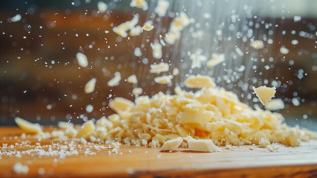 Pedaços de queijo caindo em um ralador com virilhas de queijo