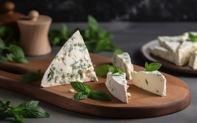 Pedaços de queijo cremoso triangular com hortelã em uma placa de madeira isolada em uma mesa branca