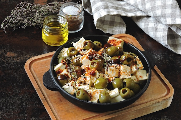 Pedaços de queijo feta assados com azeitonas e especiarias. Almoço ou lanche saudável. Keto dieta Keto receita.