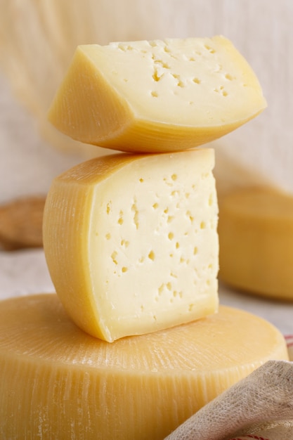 Pedaços de queijo italiano caseiro fresco em uma bandeja de perto