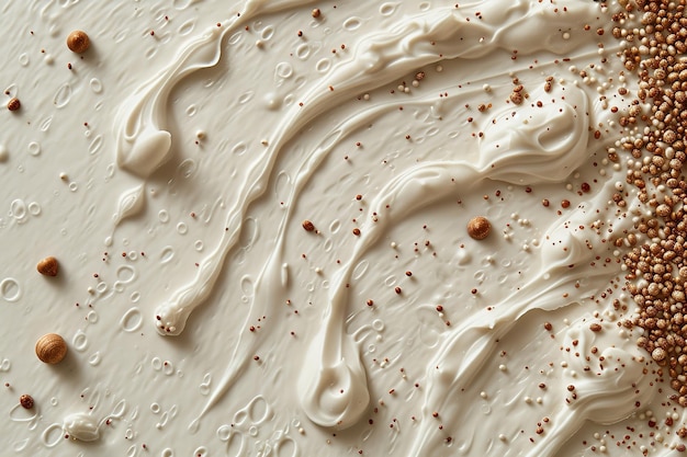 pedaços de sementes castanhas em uma textura de fundo espumoso em cima de um creme exfoliante e espaço IA generativa