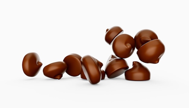 Pedaços ou gotas de chocolate caindo voando isolado na ilustração 3d de fundo branco