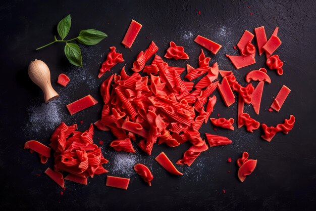 Pedaços planos de macarrão italiano vermelho comida seca em fundo escuro generativo ai