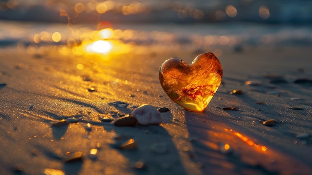 Un pedazo de ámbar en forma de corazón se encuentra en una playa de arena bañada en el suave resplandor del sol mientras yo