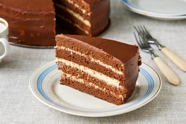 Pedazo de bizcocho de chocolate con crema pastelera sobre un fondo gris