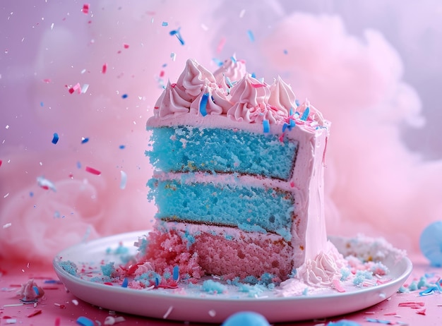 Foto un pedazo brillante de pastel multicapa con salpicaduras en el aire sobre un fondo rosa suave pastel de fiesta de género