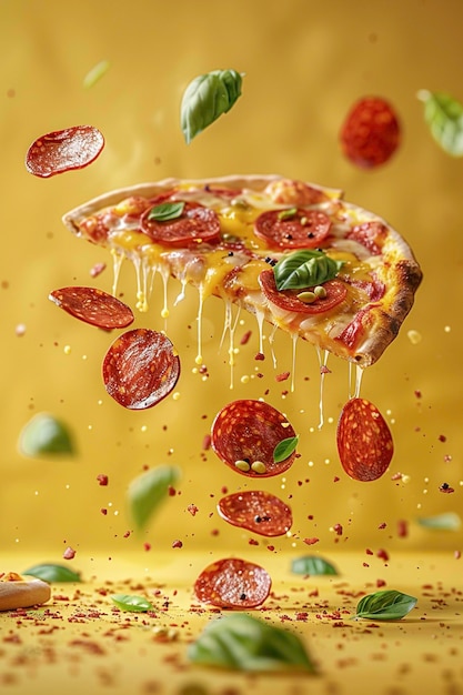 Un pedazo caliente de pizza de pepperoni flotando en el aire sobre un fondo amarillo