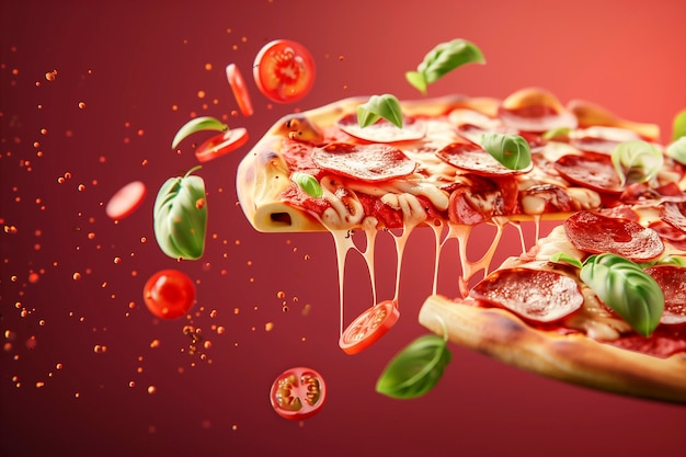 Un pedazo caliente de pizza de pepperoni flotando en el aire sobre un fondo amarillo