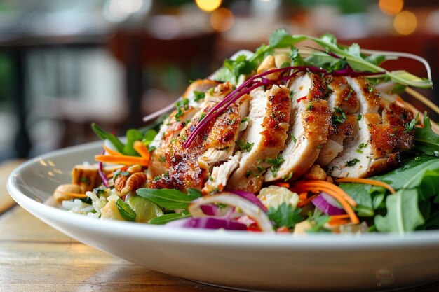 Un pedazo de carne de pollo en una hermosa ensalada